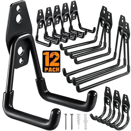 HUPBIPY 12 Pack Garage Hooks Heavy Duty Utility Steel with Anti-Slip Coating Wall Mount Storage Organizer for Hanging Power and Garden Tools, Ladders, Hose, Bikes, Ropes, Bulk Items, and More - Image 1