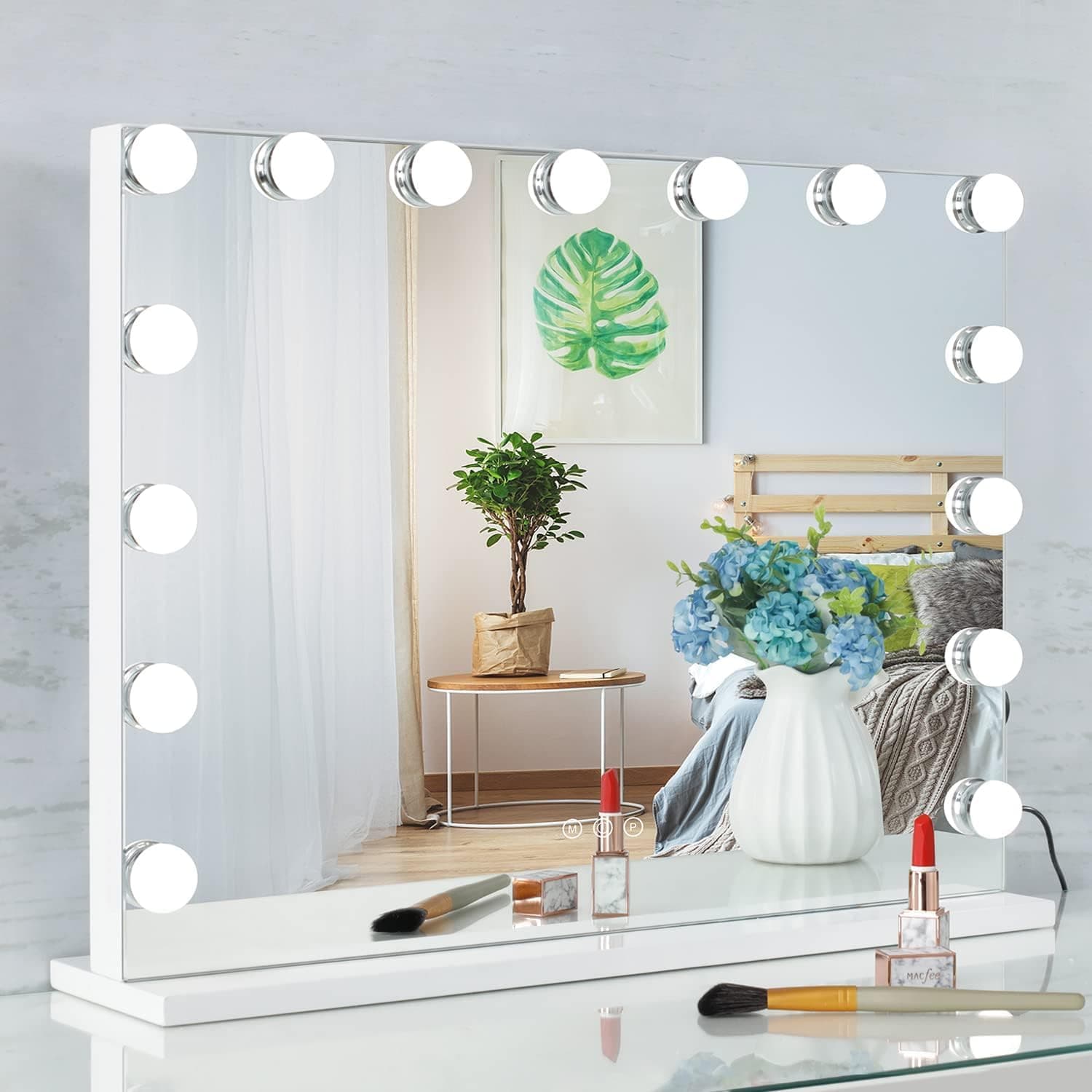 BLC Hollywood Vanity Mirror with Lights, Makeup Mirror with 15 Upgraded Dimmable LED Bulbs, 3 Lighted Color with 10X Magnification Mirror, USB Charging Port, Tabletop and Wallmounted (White, 55x45cm) - Image 1