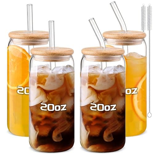Glass Cups “20oz”,Glass Cups with Lids and Straws 4 pcs-DWTS Coffee Cups,Drinking Glasses Set,Glass Tumbler with Straw and Lid Gift 2 Cleaning Brushes - 1 - 20oz Clear - Image 1