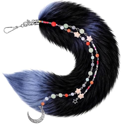 Nosiny 11.8 Inch Fluffy Therian Fox Tail Keychain and Beaded Pendant Keychain for Cosplay Costume Keyring Bag Accessory - Image 1