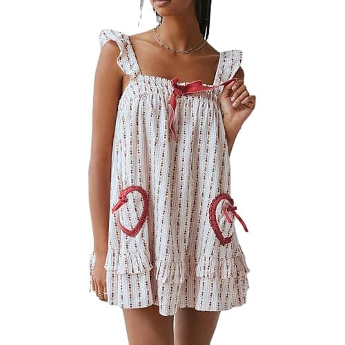 HOXIJIA Women Cute Floral Printed Mini Dress Sleeveless Bow Front Loose Ruffled Short Dress Summer Gingham Babydoll One Piece - Image 1