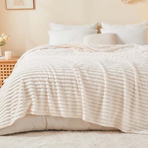BEDELITE King Size Blanket for Bed, 300GSM Soft & Warm Fleece Blanket, Decorative and Giftable Striped Cream White Blankets for Women, Men, 108"x90" - Image 1