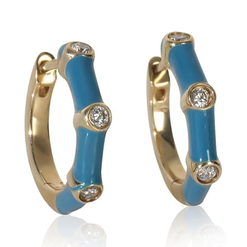 myGemma, Pre-Loved Blue Enamel Huggie Earrings, Yellow Gold, Diamond, 14 mm - Image 1