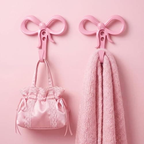 Otoolling 2 Pack Small Pink Bow Wall Hooks Valentine's Day Bow Knot Hooks for Wall 2.36'' Cute Decorative Coat Holder Metal Bowknot Door Hanger for Hats Bags Tie Bath Towels Coats - Image 1