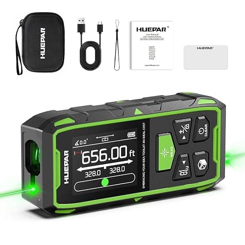 Huepar Dual Laser Measuring Tool, 656Ft Green-Beam Bilateral Digital Laser Distance Measure 6 Units Ft/in/M, Rechargeable Laser Measurement Tool -Backlit LCD Display, Length/Area/Volume/Angle Sensor - Image 1
