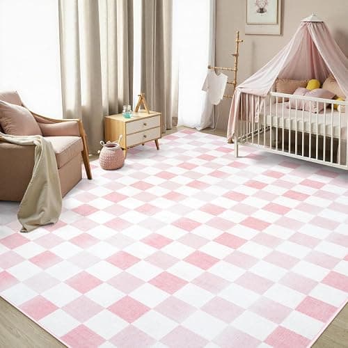 Seavish Ombre Checkered Rug, 8x10 Washable Pink Rugs for Living Room, Low Pile Soft Nursery Rug Non-Slip Modern Neutral Checkerboard Area Rug for Girls' Bedroom Playroom Dining Room - 8' x 10' - Pink - Image 1