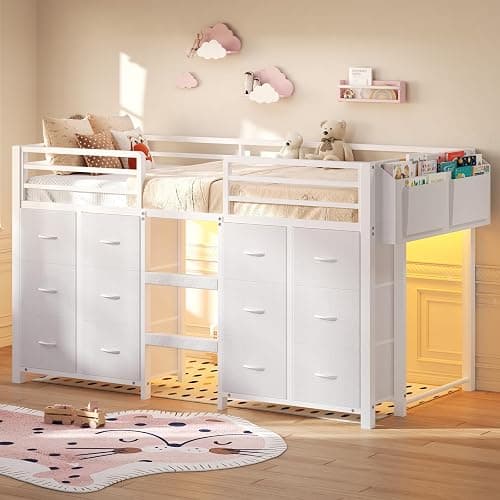 Gemee Twin Size Low Loft Bed for Kids with 12 Storage Drawers & RGB LED Lights, Metal Loft Bed Frame with 11" High Guardrail, Wide Ladder, Under-Bed Play Space, White - Image 1