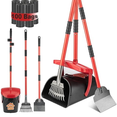 HUZSV Dog Pooper Scooper With Bag Attachment,Heavy Duty Metal Rake&Spade Swivel Bin,NonBreakable Poop Scoop for Small Large Dogs,Includes 100 Waste Bag Odorless Design Easy to Use on Grass,Dirt,Gravel - Image 1