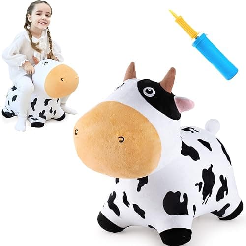 iPlay, iLearn Bouncy Pals Dairy Cow Hopping Horse, Plush Inflatable Animal Hopper, Indoor n Outdoor Ride on Jumping Bounce Toys, Birthday Gift for 18 Months 2 3 4 5 Year Old Kids Toddlers Boys Girls - Dairy Cow - Image 1