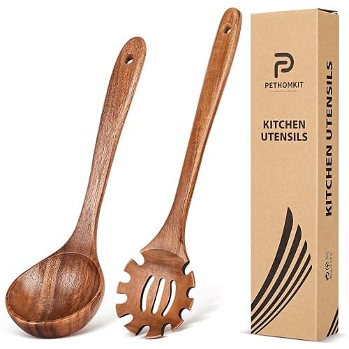 Wooden Spoons for Cooking,2 Pcs Wooden Utensil Set of Soup Ladle &Spaghetti Pasta Spoon with Teeth, Teak Wood Soup Ladle&Slotted Pasta Fork Strainer Spoon Set for Serving Collecting Noodle Gravy Sauce - Image 1