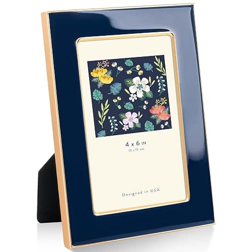 RICHFOCUS 4x6 Enamel Picture Frame with Gold Metal Edge, HD Tempered Glass Photo Frame with Velvet Back & Easel Stand for Wall or Tabletop Display Family Office Photo Gallery, Navy Blue - Image 1