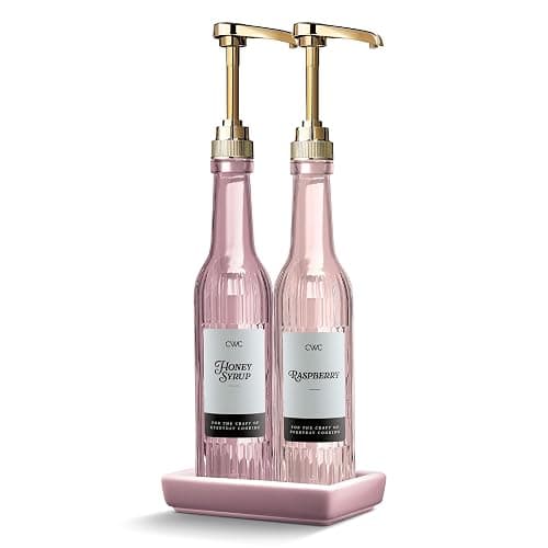 COOK WITH COLOR Glass Coffee Syrup Dispenser with Pump- Set of 2 Syrup Bottles for Coffee Bar, Decorative 350 ML Bottle with Ceramic Holder, Funnel, Labels and Extra Pumps, Textured Pink - Image 1