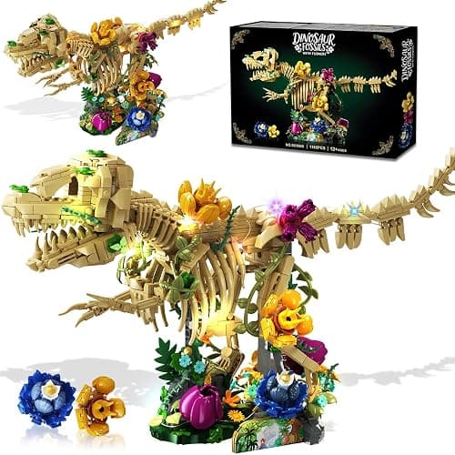 CUBIMANA Dinosaur Fossil with Flowers Building Set & LED Light, 1185PCS Dino Botanical Building Set for Adults, Skeleton Model Kit for Home Decor & Display, Christmas Birthday Gifts for Adults Teens - Image 1