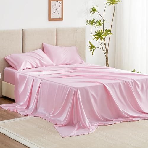 Love's cabin Full Size Satin Sheet Sets - 4 Piece Pink Silky Sheet Set Full with Deep Pocket, Luxury Silk Feel Bed Sheets Full Bedding Set (1 Flat Sheet,1 Fitted Sheet,2 Pillow Cases) - Image 1