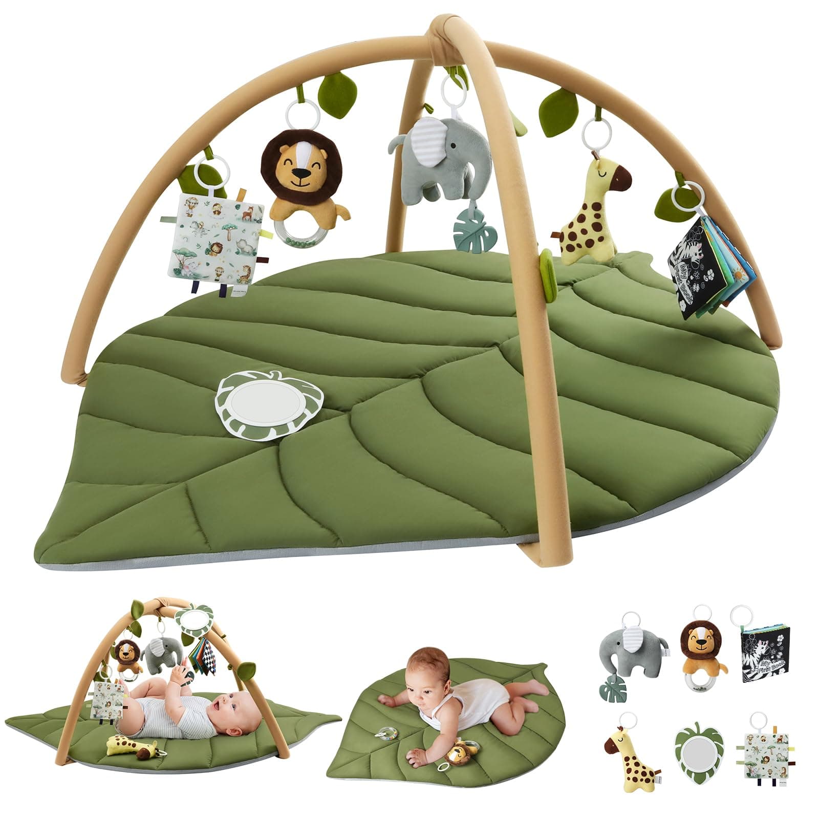 Blissful Diary Baby Play Gym & Activity Mat, Oversize Leaf Shaped Baby Play Mat w 6 Detachable Toys, Tummy Time Mat Promote Motor Skills & Sensory Development Mat, Newborn Infant Baby Essentials Gift - Image 1