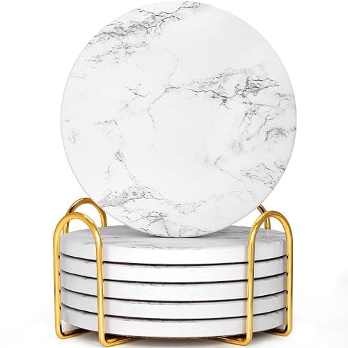 GOH DODD Coasters for Drinks Set of 6, Absorbent Marble Style Ceramic Coaster Tabletop Protection Home Decor with Metal Holder for Coffee Table, Housewarming Gifts Wedding Party, White, Round, 4 Inch - Image 1
