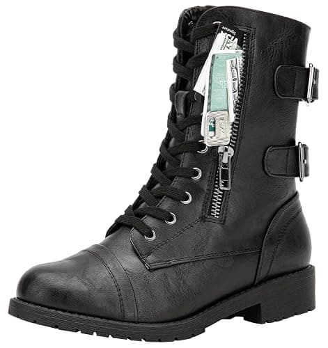 Vepose Women's Lace Up Mid Calf Combat Boots with Functional Pocket | Everyday moto style, functional zip pocket for cards and keys, low heel, inside zipper for city outfits and travel - Image 1