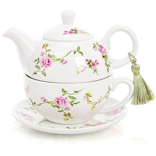 Coloch Tea for One Set, Porcelain Teapot Cup and Saucer Set with Tassel Vintage Floral Ceramic Tea Set for One for Women, Home, Office, Afternoon Tea, Rattan Flower Design - Image 1