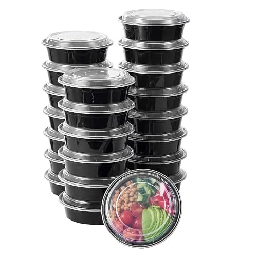 FULING 24 oz 50 ct Round Meal Prep Food Storage Containers with Lids To Go Plastic Lunch Plan Box Disposable Take Out Bowls Black BPA Free Reusable Durable Stackable Microwave Freezer Dishwasher Safe - Image 1