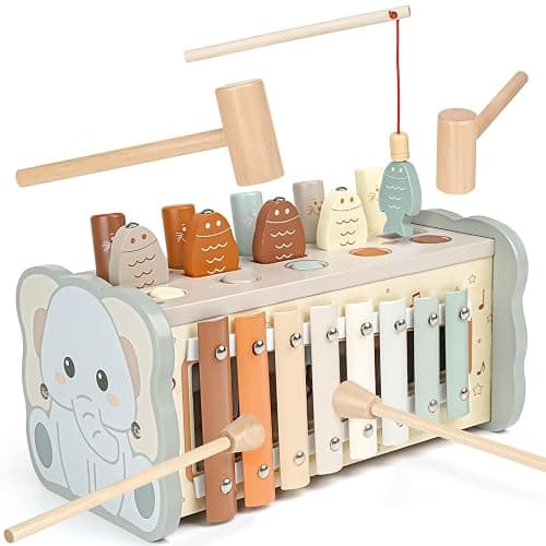 Joyreal Wooden Montessori Toys for 1 Year Old Hammering Pounding Toys | Xylophone, Fishing Game, Gears, Educational Toddler Activities, Christmas Birthday Gifts for 1 2 3 Year Old, Neutral Color - Image 1