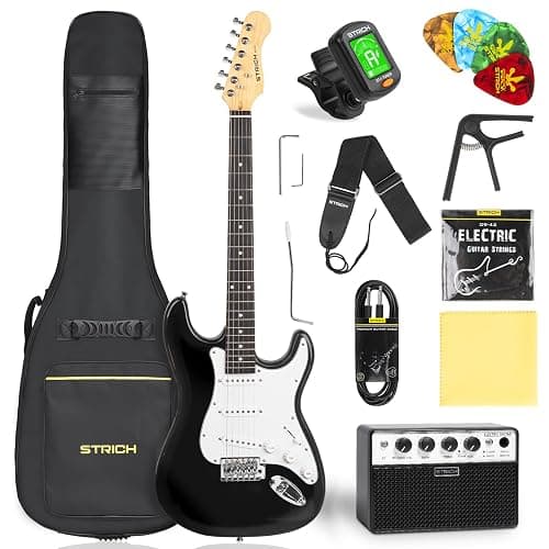 STRICH Electric Guitar Beginner Kit, Solid Body 39" Full Size Electric Guitar SSS Pick Up for Starter, with 5W x 2 Amp, Bag, Digital Tuner, Capo, Strap, String,Cable, Picks, SST-S10 Black - Image 1