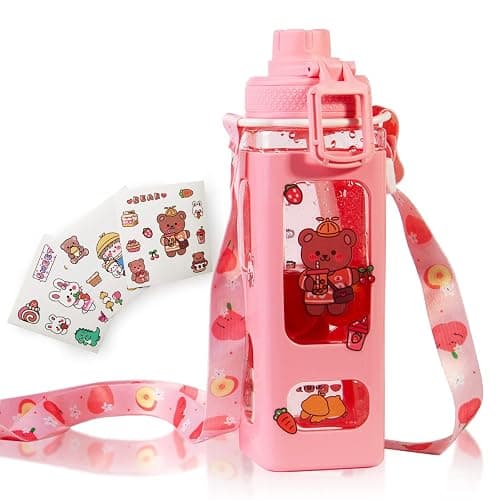 GMKD Kawaii Water Bottle for Girls Cute Kids Water Bottles with Straw Square Drinking Bottle, Portable Leakproof Water Jug for School, 24 oz (Pink-700ml) - Image 1