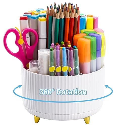 Marbrasse Desk Organizer, 360-Degree Rotating Pen Holder, Desk Organizers and Accessories with 5 Compartments Pencil Holder, Art Supply Storage Box Caddy for Office, Home(White) - White - Image 1