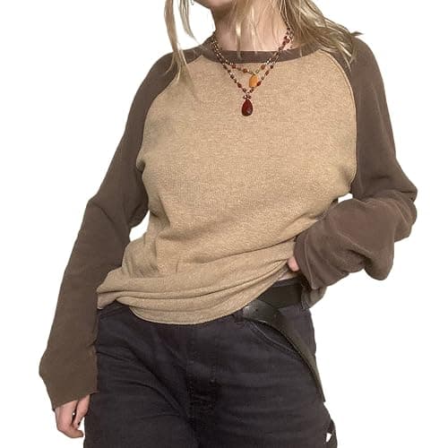 Womens Casual Long Sleeve T-Shirt Vintage Patchwork Crewneck Knitted Pullover Basic Tee Top Grunge Fairycore Streetwear - Image 1