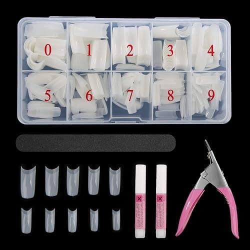 Abodhu Acrylic Natural Nail Tips Kit 500 Pcs French Tip Nails Set Square Half Cover False Nails with Glue, Files, Clipper, Storage Case, Nail Art for Salons and Home DIY, 10 Sizes - Image 1