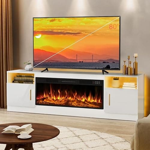 LEMBERI 70" Fireplace TV Stand for TVs up to 80", 36" Electric Fireplace 750W/1500W Entertainment Center with 20-Color LED, 300lbs Max Capacity High Gloss Storage Cabinet Console, White - Image 1