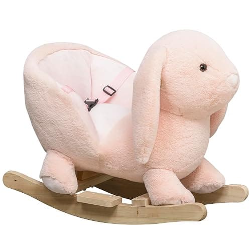 Qaba Baby Rocking Horse, Plush Rabbit Animal Rocker with Simulated Sound, Wooden Base, Seat Belt, Stuffed Rocking Chair for Toddler 18-36 Months, Pink - Image 1