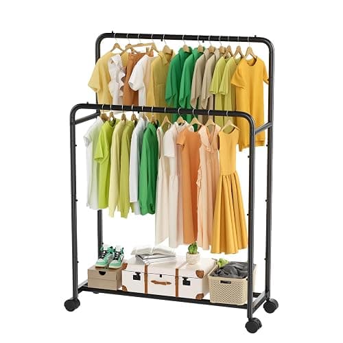 Simple Trending Clothing Clothes Rack Double Rods with Wheels, Rolling Metal Garment Rack for Hanging, Black - Image 1