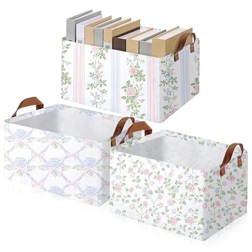 Boao 3 Pcs Blue Hydrangea Storage Bin Fresh Style Floral Collapsible Large Storage Baskets for Gifts Canvas Laundry Basket Foldable Box with Handle for Office Home Bedroom Clothes - Image 1