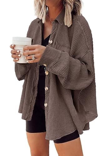 Nirovien Womens Waffle Knit Shacket Oversized Button Down Shirt Jacket Lightweight Spring Outfits Clothes - Image 1