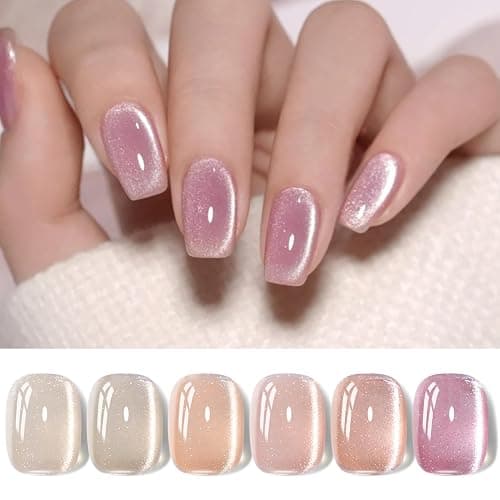 Born Pretty Cat Magnetic Eye Gel Nail Polish Jelly Pink Moonlight Crystal Glass Cat Magnetic Shimmer Glitter Holographic Nail Polish Salon Gel Manicure and Nail Art DIY at Home 7ML 6PCS - Image 1