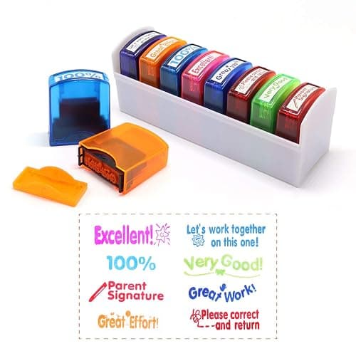 RELIANCER 8PCS Teacher Stamp Set,Colorful Self-Inking Motivational Classroom Stamper for Grading,Encouraging Rating Stamp Student,Parent Signature Stamps for Homework,School Homeschool Reward Supplies - Image 1