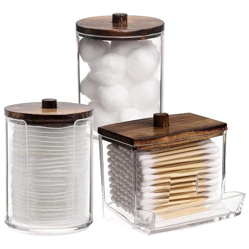 Tbestmax Bathroom Organizer Accessories Set-10 OZ,7 OZ Qtips Holder Storage with Wood Lids, Cotton Ball/Swabs Dispenser, Apothecary Container Jar 3 Pcs - Image 1