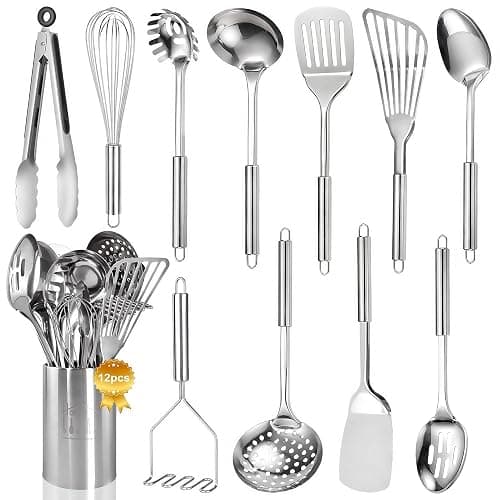 Stainless Steel Kitchen Utensils Set - 12pcs Cooking Utensils Set with Holder, Heat Resistant Kitchen Tool Set for Cooking with Turners, Potato Masher, Spatula, Spoons, Tongs, Whisk - Image 1