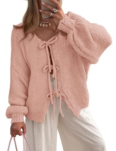 PRETTYGARDEN Women's Tie Front Bow Cardigan Sweaters Chunky Knit Long Puff Sleeve Trendy Fall Winter Jacket Coats - Image 1