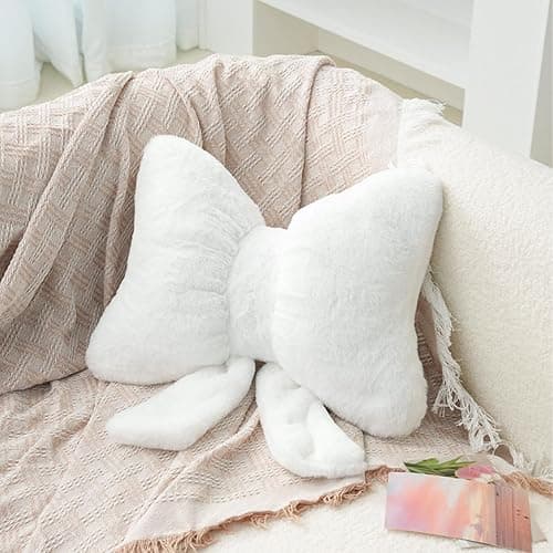 Bow Pillow Bow Shaped Pillow Decorative Bowknot Throw Pillow Soft Sofa Lumbar Pillow Car Backrest Cushion Novelty Bow Pillow Plush Cushion Home & Car Decoration (White) - Image 1