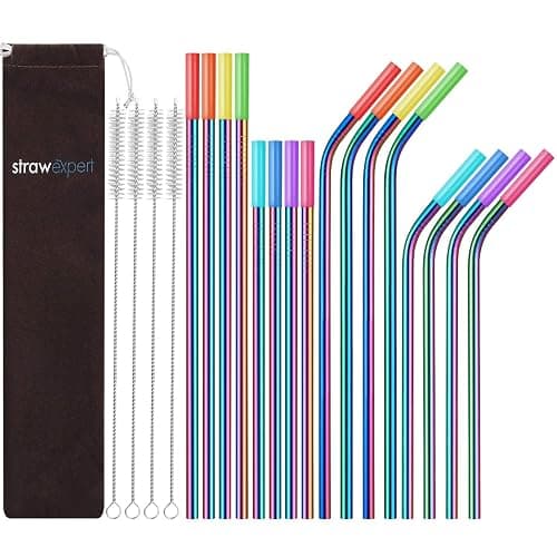 StrawExpert Set of 16 Reusable Stainless Steel Straws with Travel Case Cleaning Brush Silicone Tips Eco Friendly Extra Long Metal Straws Drinking for 20 24 30 oz Tumbler, Rainbow - Image 1