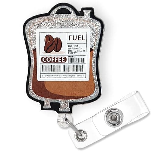 Funny Coffee Fuel Glitter Badge Reel Retractable for Nurse Nursing RN CNA LPN Medical Worker & Office Staff | Cute Nurse Gifts, Coffee IV Bag Badge Holder with Alligator Clip & 24” Durable Nylon Cord - Image 1