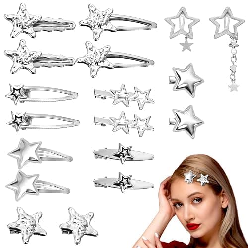 Nogeqi 18 Pcs Silver Star Clips Hair, Y2k Hair Accessories, Goth Stars Barrettes, 2000s Stars Snap Clips, Kawaii Accessories for Girls Women Styling Star Pins Cool Hairpin - Image 1