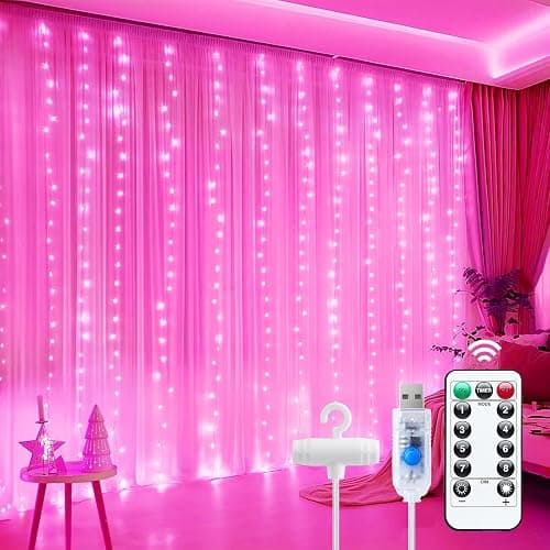 Minetom Curtain Lights, 300 LED Dimmable Fairy Lights with Remote and Timer, 8 Modes, USB Powered String Lights for Room Wall Party Xmas Indoor Decor, Pink - Image 1
