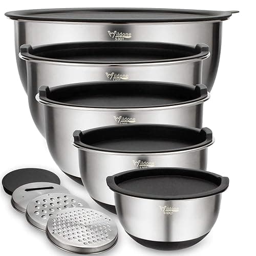 Wildone Mixing Bowls Set of 5, Stainless Steel Nesting Bowls with Airtight Lids, 3 Grater Attachments, Measurement Marks & Non-Slip Bottoms, Size 5, 3, 2, 1.5, 0.63 QT, Great for Mixing & Serving - Image 1