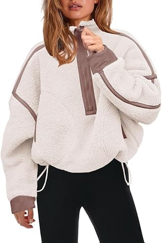 Panadila Womens Half Zip Sherpa Fleece Pullover Soft Oversized Sweatshirt with Pockets Warm Fuzzy Sweater - Image 1