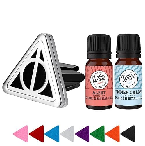 Wild Essentials Potter Hallows Car Vent Diffuser Kit – 316L Stainless Steel Locket, Rubber-Coated 4-Way Clip, 8 Color Pads (22mm), 25mm – Includes Alert & Inner Calm (2 x 10ml) - Image 1