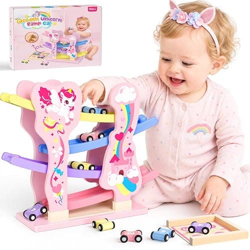 Toyzey Wooden Toys Cars Ramp Race Tracks, Unicorn Gifts for Girls Age 1 2 3 Year Olds Girl for 1 2 3 Year Olds Toddler Toy Age 1 2 Montessori Toys for 1 Year Old Birthday Gifts Baby Toy Pink - Image 1