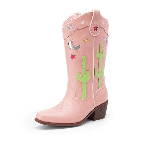 DREAM PAIRS Girls Cowboy Boots Cowgirl Mid Calf Western Boots with Low Heel Square Toe for Little Kid/Big Kid - Image 1