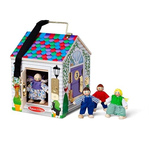 Melissa & Doug Take-Along Wooden Doorbell Dollhouse - Doorbell Sounds, Keys, 4 Poseable Wooden Dolls Portable Doll House, Doorbell House for Kids Ages 3+ - Image 1
